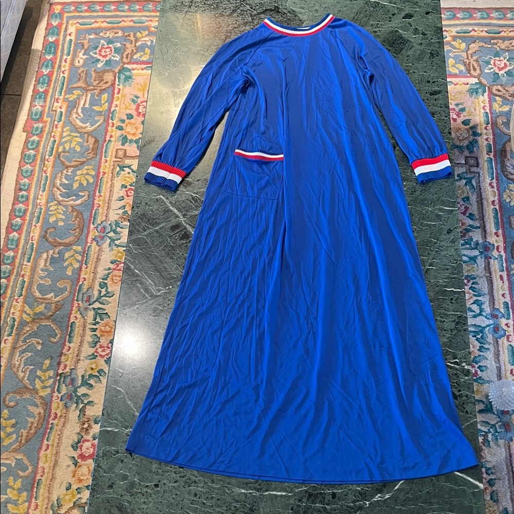Vintage Blue Long Sleeve Maxi Dress with Red and White Accents